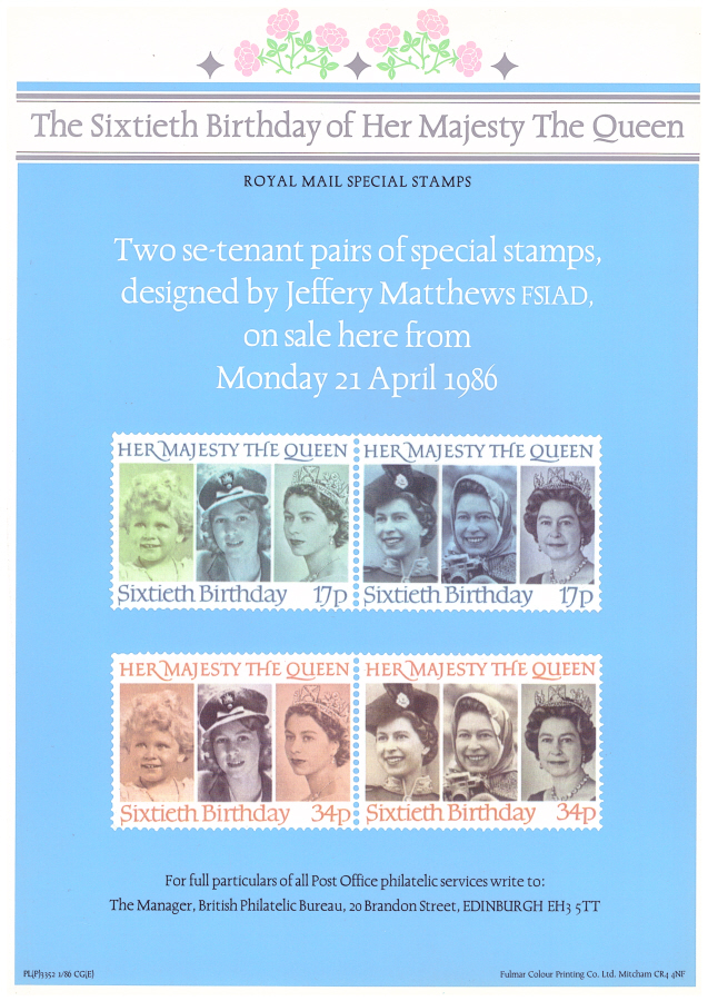 (image for) 1986 Queen's 60th Birthday Post Office A4 poster. PL(P)3352 1/86 CG(E).